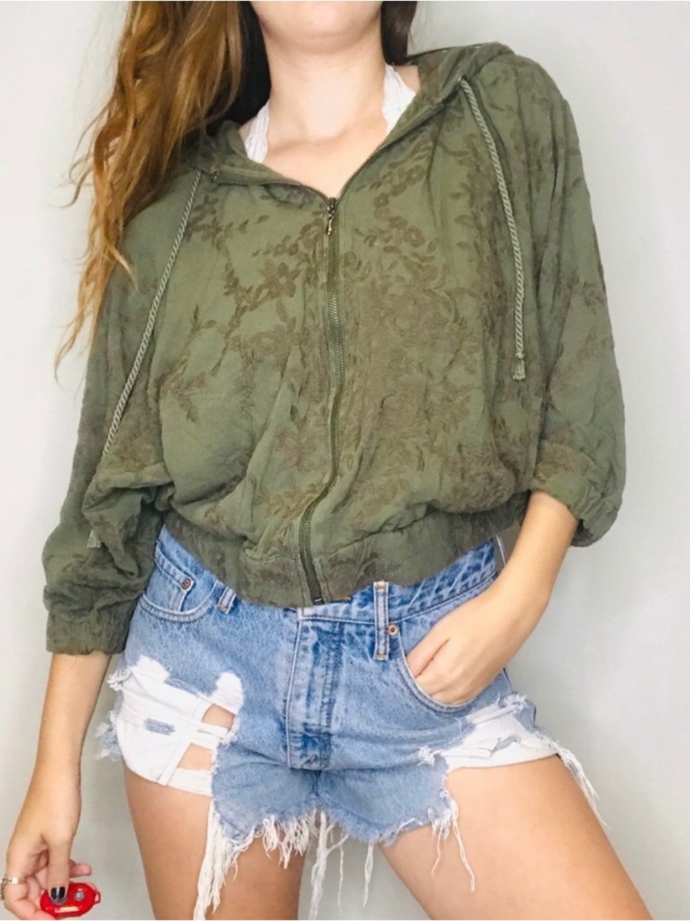 Anthropologie Fairycore Boho Floral Embroidered Olive Green Zip Hoodie Jacket M